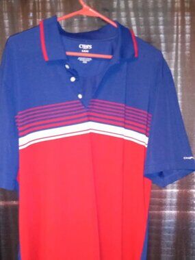 CHAPS Golf  Polo Shirt Mens L Red White Blue Striped Shirt Sleeve chaps on sleev